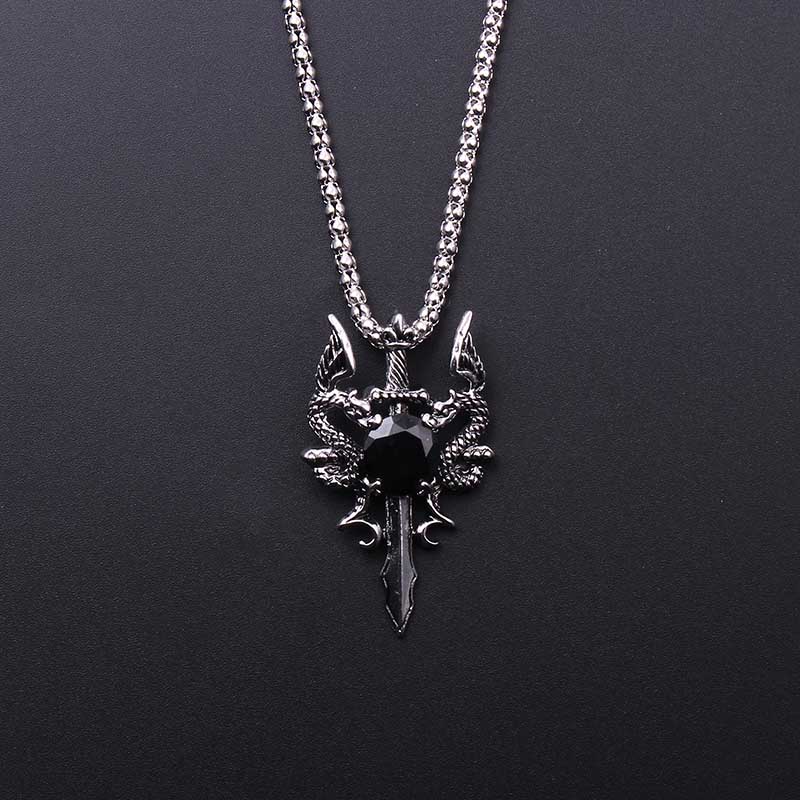Men Accessories Pendant - Dubbele Draak Zwarte Edelsteen Kruisketting Punk